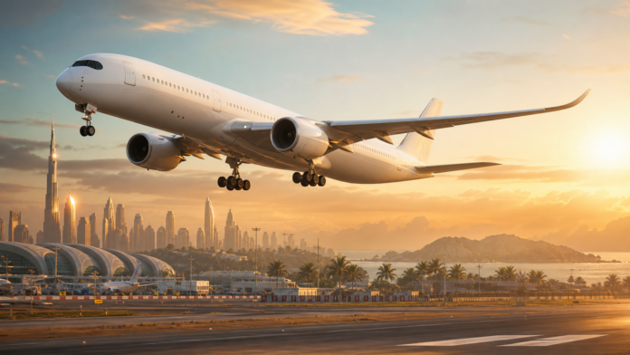 Modern widebody aircraft departing Dubai at golden hour for Colombo travel update
