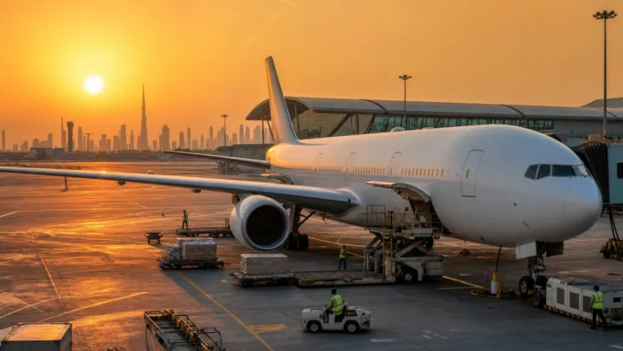 Generic wide body aircraft at a Dubai airport apron for increased Accra flights