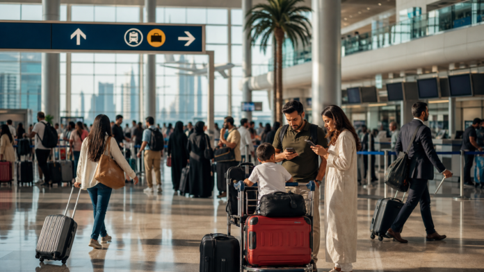 Busy Dubai airport summer departures with travellers luggage and early check in travel planning