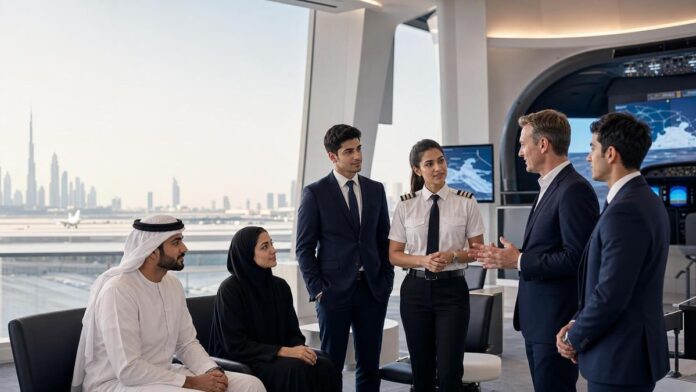 Emirates Group careers cadet pilot demand featured image Dubai aviation academy careers scene with cadet pilot candidates and recruiters