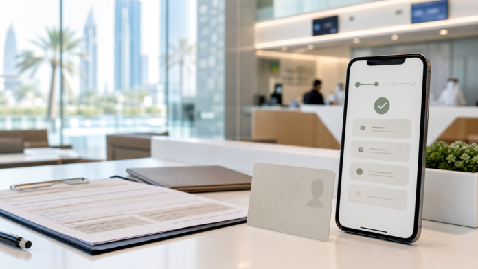 Emirates ID renewal UAE longer window featured image Clean UAE digital identity renewal desk with smartphone card silhouette and government service setting