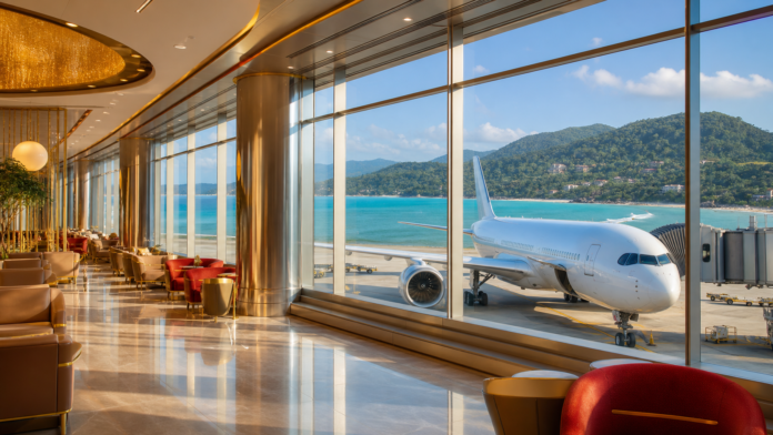 Emirates Phuket flights featured image Dubai airport departure scene with aircraft and Phuket tropical travel mood