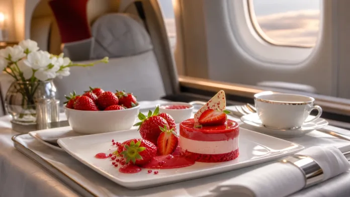 Strawberry dessert tray served in a premium aircraft cabin for Dubai to UK flights
