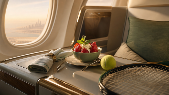 Emirates Wimbledon flights featured image Premium aircraft cabin tray with tennis season details strawberries cream and Dubai to London travel mood