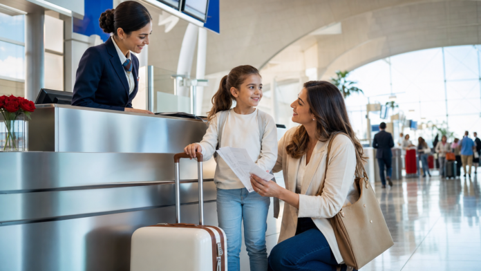 Dubai airport family check in with young traveller parent and safe summer travel preparation
