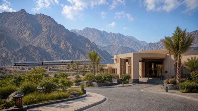 Fujairah mountain resort staycation scene with subtle UAE rail travel mood