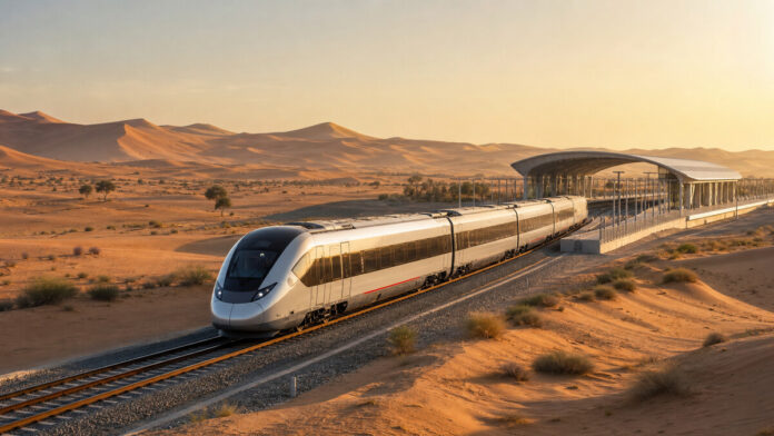 Passenger train crossing the Liwa desert near a modern Al Dhafra station