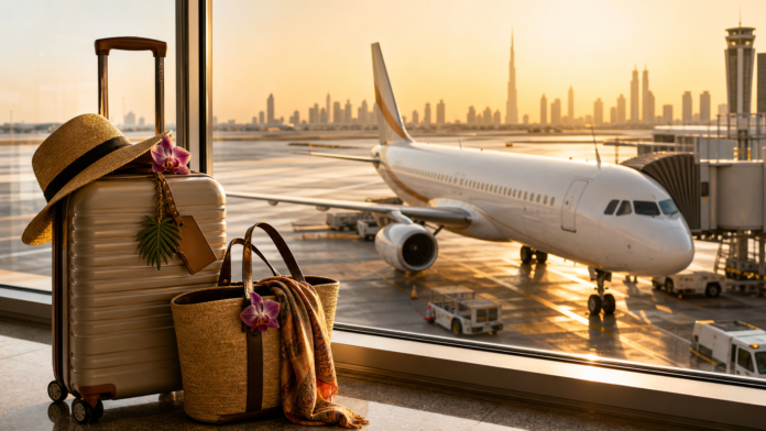 flydubai Bangkok flights double July 18 featured image Dubai airport travel scene with modern aircraft and Bangkok holiday luggage cues