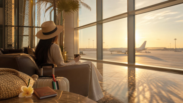 Dubai airport departure scene for Bangkok travel with aircraft silhouette and Thailand travel mood