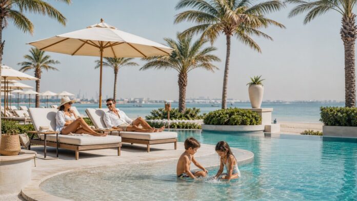 Family enjoying a calm beachfront resort pool day in Dubai