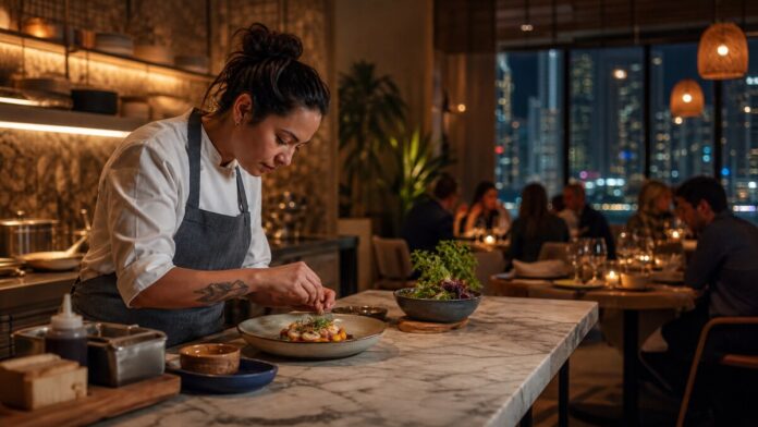 Female chef plating a Nicaraguan-inspired dish in a Dubai restaurant