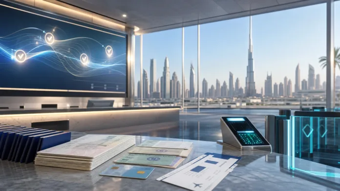 GDRFA Dubai permits H1 2026 featured image Modern Dubai immigration service counter showing digital permit processing, passports and Dubai skyline