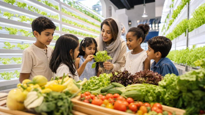 Children learning about vertical farming and fresh produce in Dubai