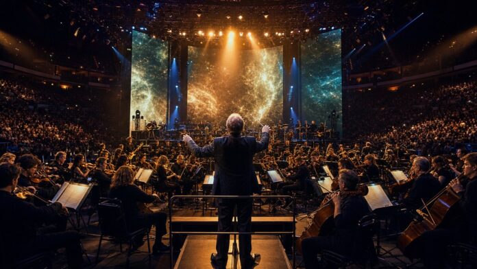 Hans Zimmer Abu Dhabi: The Next Level Returns Composer conducting a cinematic orchestra inside an Abu Dhabi arena