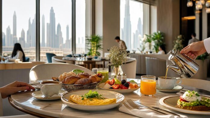 Indoor breakfast Dubai cafe table with coffee, pastries and city views