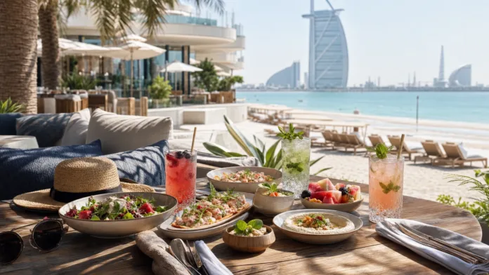 Dubai beachfront dining table with summer dishes and beach views for J1 Beach summer deals