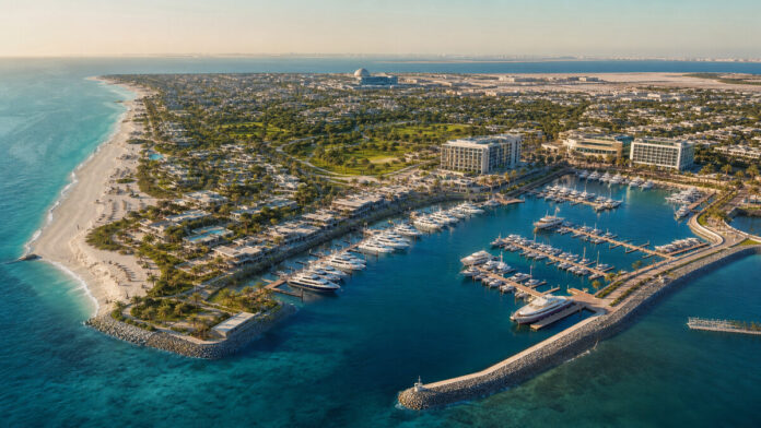 Aerial view of a planned Saadiyat waterfront community and marina