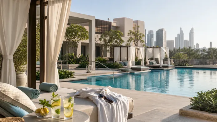Luxury Dubai hotel pool cabana with towels and summer daycation drinks for a city escape
