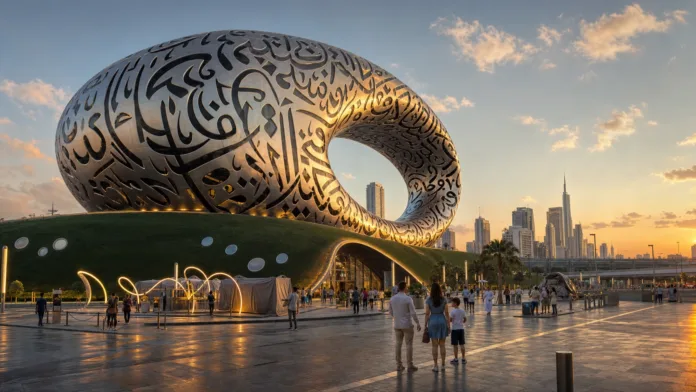 Museum of the Future in Dubai at golden hour before a planned exhibition refresh and 2027 reopening