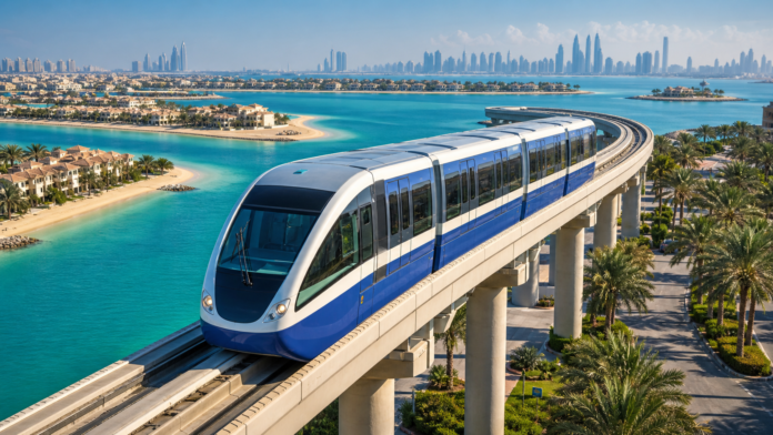 Palm Jumeirah monorail train above island views and Dubai skyline