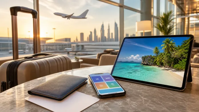 UAE airport travel planning scene with suitcase and tropical Philippines destination image