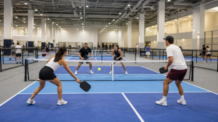 Players enjoying doubles pickleball at an indoor Dubai court