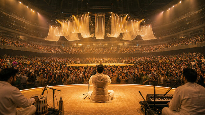 Devotional music gathering with a singing audience inside a Dubai arena