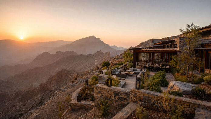 Luxury mountain lodge overlooking the rugged Jebel Jais peaks
