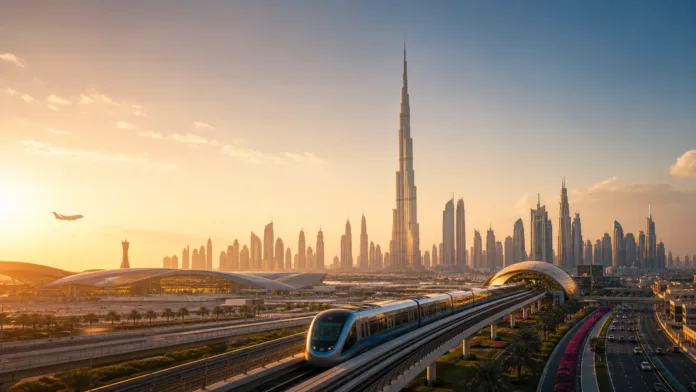 Dubai skyline, metro and aviation scene representing civic milestones and city progress