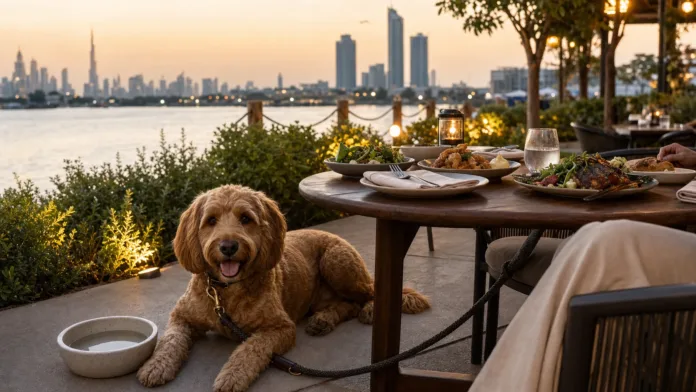 The Barrel Dubai pet-friendly Creek gastropub featured image Pet-friendly Dubai Creek gastropub terrace with dog water bowl dining table and skyline view