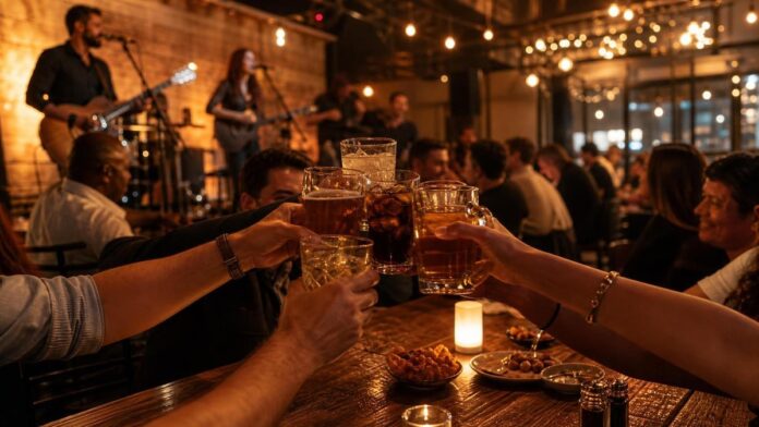 Dubai pub birthday celebration with live music and friends raising drinks
