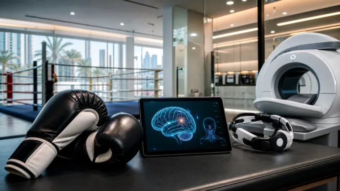 Boxing gloves beside a brain health assessment screen in a modern UAE sports medicine setting