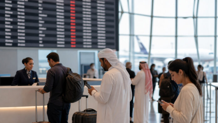 UAE airport passengers checking flight updates during cancellations