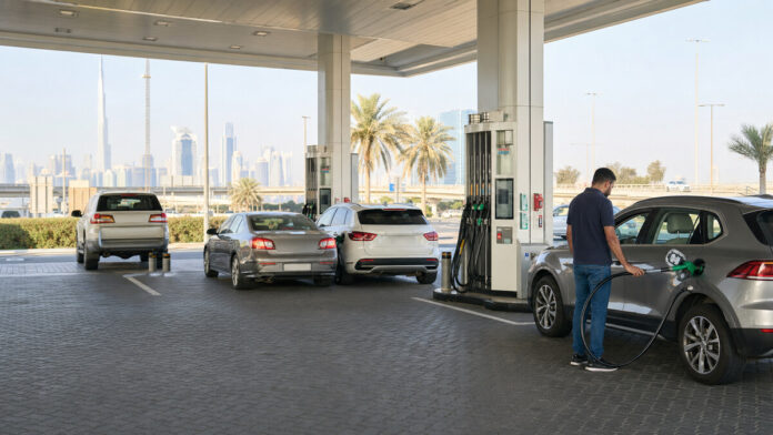 Cars refuelling at a modern UAE petrol station