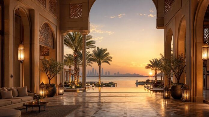 Luxury UAE resort terrace at sunset for upcoming hotel openings