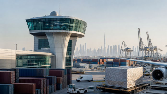 UAE logistics and smart trade hub with cargo containers air freight and modern port infrastructure
