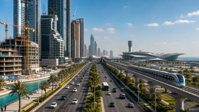 Future-ready UAE infrastructure scene with smart transit construction and modern skyline planning