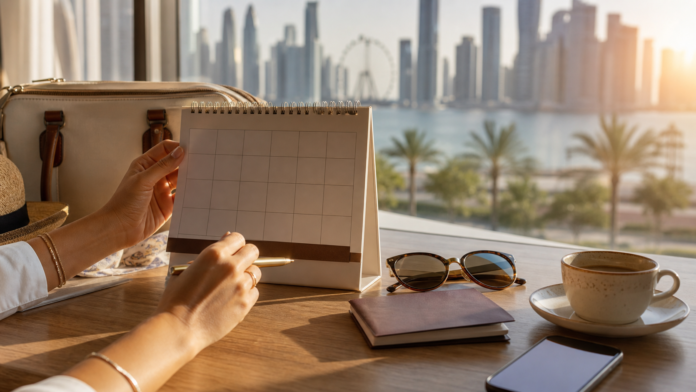 UAE long weekend planning scene with travel bag calendar and soft Dubai skyline background