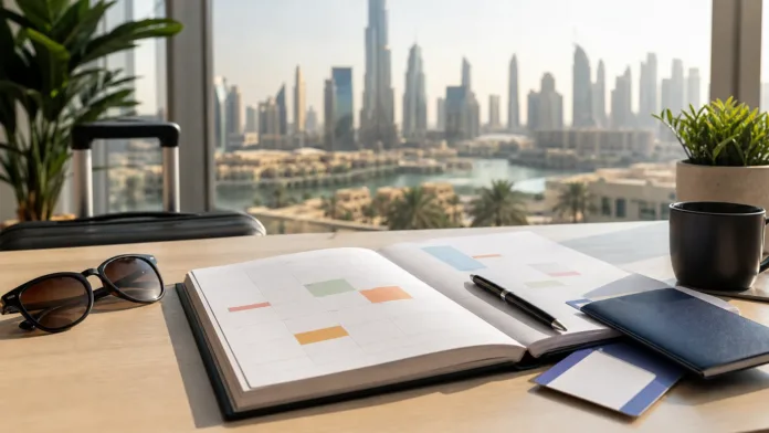 UAE Public Holidays 2026 Featured Image UAE public holidays planning desk with calendar, travel items and Dubai skyline view