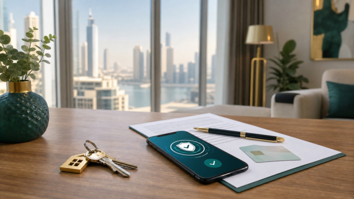Dubai rental desk with apartment keys secure phone approval and tenant credit check concept
