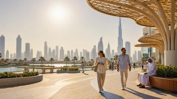 UAE Weather 49C residents heat and humidity featured image UAE summer heat haze over Dubai skyline with residents staying shaded during 49C weather