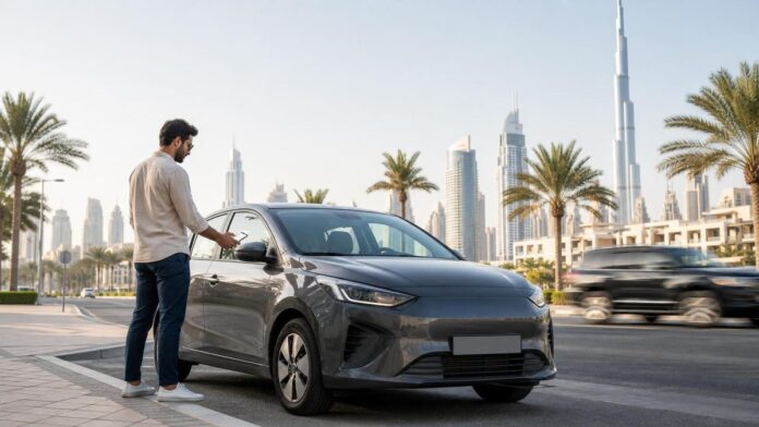 Udrive car sharing UAE 45 million km featured image Dubai resident using smartphone to unlock a shared car in the city