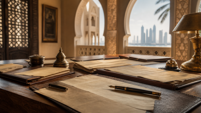 Respectful UAE civic heritage scene with formal documents and warm historic meeting atmosphere