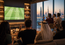 World Cup 2026 Final UAE Time: Weekend Guide Dubai sports viewing lounge with football match screen glow snacks and weekend skyline atmosphere
