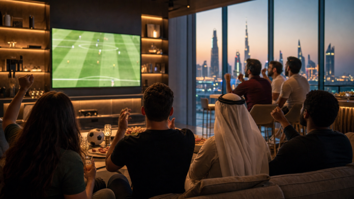 Dubai sports viewing lounge with football match screen glow snacks and weekend skyline atmosphere