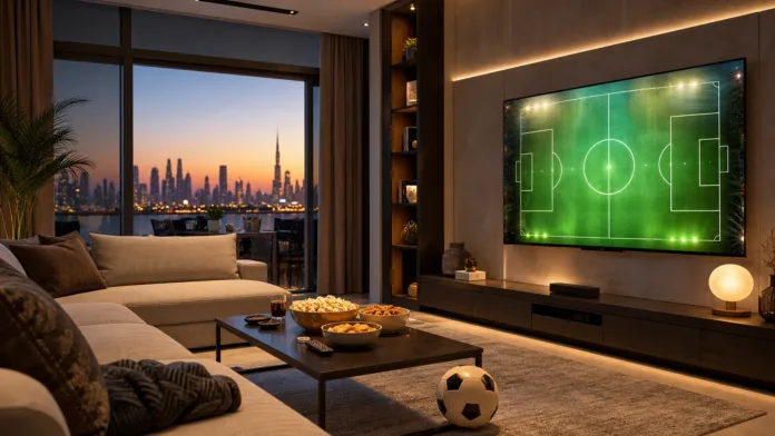 World Cup 2026 Home Viewing UAE Featured Image World Cup 2026 home viewing setup in a Dubai apartment with a large screen and football match snacks