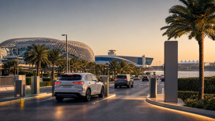 Yas Island waterfront parking entrance with cars using ticketless access