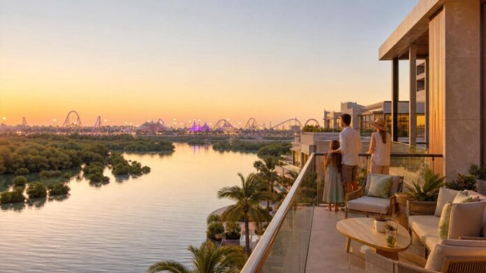 Yas Plaza Mangroves theme park staycation featured image Yas Island staycation balcony overlooking mangroves and theme park lights in Abu Dhabi